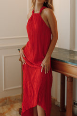 Melody Plisse Halter Maxi Dress - Red