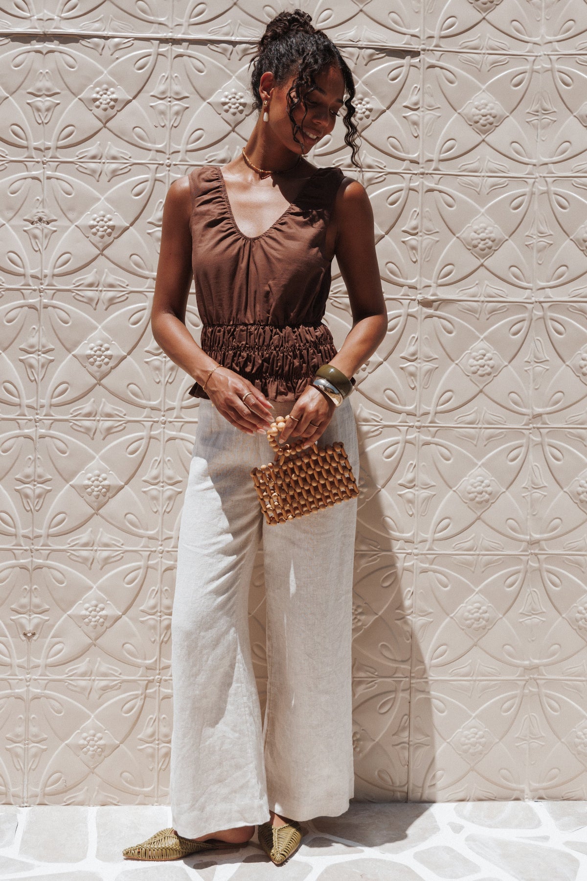 Lucilla Shirred Waist Top - Chocolate
